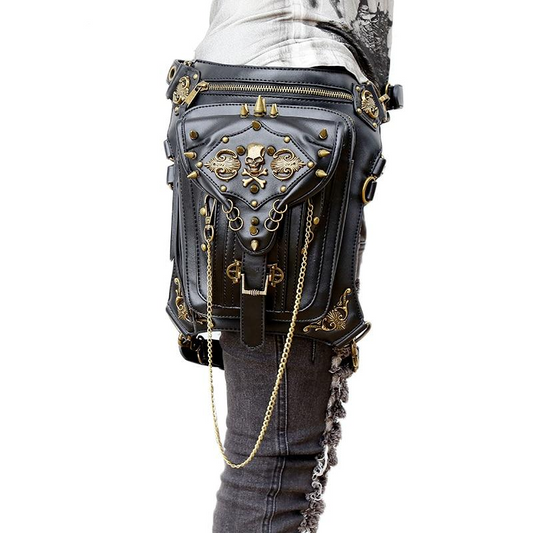 Fashion Gothic Steampunk Skull Retro Rock Bag Men Women Waist Bag Shoulder Bag Phone Case Holder Vintage Leather Messenger Bag