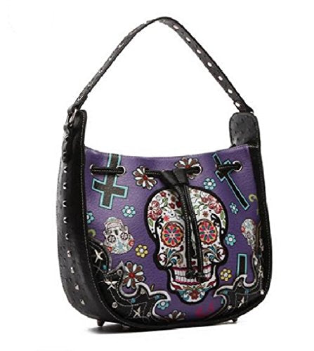 Western Sugar Skull Hobo Shoulder Bag with Drawstring Closure and Matching Wallet, Removable Crossbody Strap