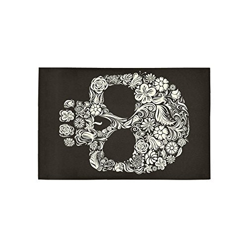 Sugar Skull Day Of The Dead Area Rug Floor Mat 5' x 3'3 , Floral Flower Black Mexican Style Throw Polyester Rayon Fiber Carpet Rugs for Home Living Room Bedroom Decor