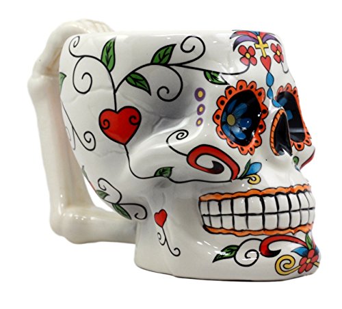 Atlantic Collectibles White Day of The Dead Crucifix Sugar Skull Mug In Bright Vivid Colors Drink Coffee Cup Ceramic 4.5"H