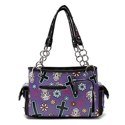 Sugar Skull Art Purse Handbag Shoulder Bag Wallet Set Purple