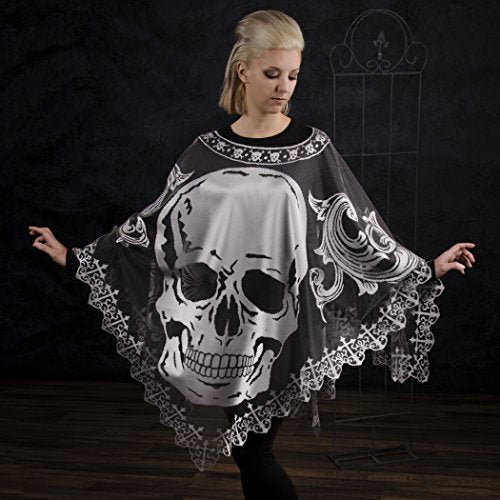 Heritage Lace Halloween Skull Poncho Costume, Hawthorne Gardens, 58" x 58", 1 Size Fits Most, Pewter