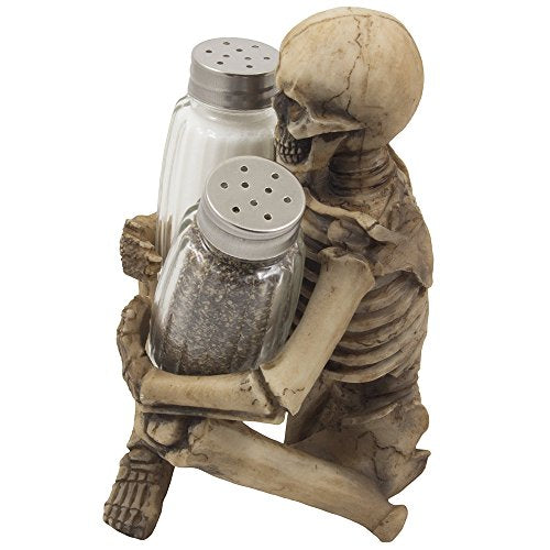Scary Skeleton Glass Salt and Pepper Shaker Set with Decorative Spice Rack Display Stand Holder Figurine for Spooky Halloween Party Decorations and Skulls & Skeletons Kitchen Decor Table Centerpiece Sculptures As Medieval or Gothic Gifts