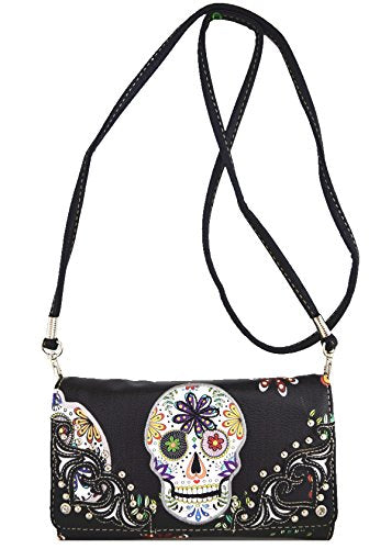 Sugar Skull Handbag Women's Shoulder Bag Wallet Set Black