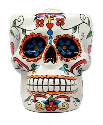 Atlantic Collectibles White Day of The Dead Crucifix Sugar Skull Mug In Bright Vivid Colors Drink Coffee Cup Ceramic 4.5"H