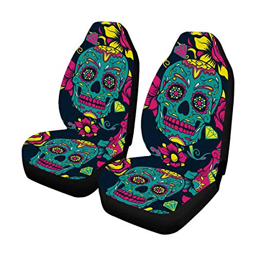 Day of The Dead Sugar Skull with Floral Front Car Seat Covers Set of 2