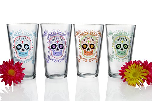 Sugar Skulls Assorted Decorated Pub Glasses (Set of 4), 16 oz, Clear