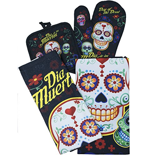 National Concepts Day of The Dead Sugar Skull Kitchen Apron Set - 4 Pieces (1) Unisex Fits Most Apron (1) Kitchen/Tea Towel (1) Pot Holder (1) Oven Mitt