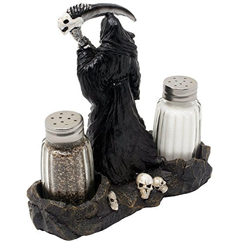 Grim Reaper Salt and Pepper Shaker Set with Display Stand Figurine of Skulls & Skeletons