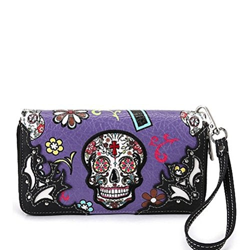 Sugar Skull Art Purse Handbag Shoulder Bag Wallet Set Purple