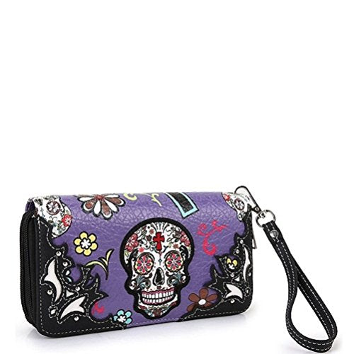 Sugar Skull Art Purse Handbag Shoulder Bag Wallet Set Purple