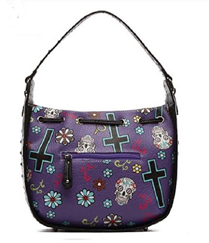 Western Sugar Skull Hobo Shoulder Bag with Drawstring Closure and Matching Wallet, Removable Crossbody Strap