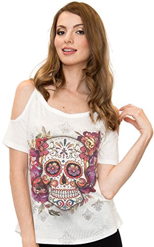 Sweet Gisele Woman Sugar Skull Open Shoulder Tee | Beautiful Print Decorated with Sparkling Bling Rhinestones