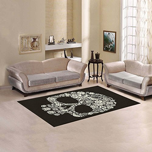 Sugar Skull Day Of The Dead Area Rug Floor Mat 5' x 3'3 , Floral Flower Black Mexican Style Throw Polyester Rayon Fiber Carpet Rugs for Home Living Room Bedroom Decor