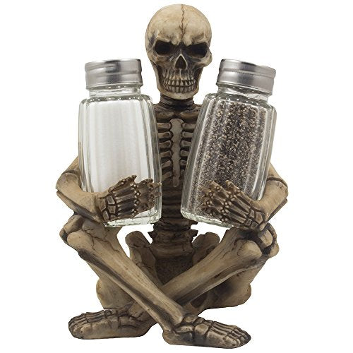 Scary Skeleton Glass Salt and Pepper Shaker Set with Decorative Spice Rack Display Stand Holder Figurine for Spooky Halloween Party Decorations and Skulls & Skeletons Kitchen Decor Table Centerpiece Sculptures As Medieval or Gothic Gifts