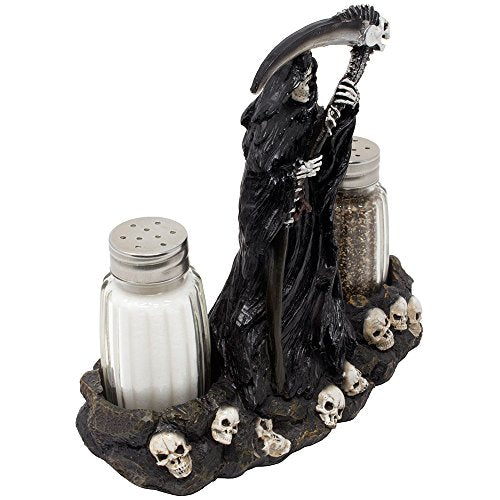 Grim Reaper Salt and Pepper Shaker Set with Display Stand Figurine of Skulls & Skeletons