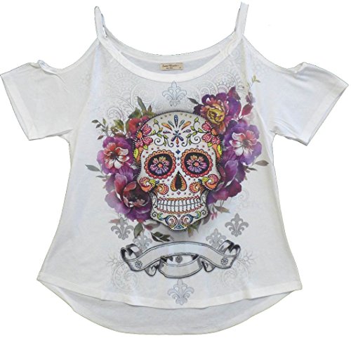 Sweet Gisele Woman Sugar Skull Open Shoulder Tee | Beautiful Print Decorated with Sparkling Bling Rhinestones