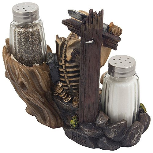 Skeleton Pirate Guarding Gold Treasure Salt and Pepper Shaker Set and Decorative Figurine Display Stand Holder for Halloween Decorations or Nautical Kitchen Table Decor As Gifts of Skulls & Skeletons