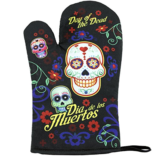 National Concepts Day of The Dead Sugar Skull Kitchen Apron Set - 4 Pieces (1) Unisex Fits Most Apron (1) Kitchen/Tea Towel (1) Pot Holder (1) Oven Mitt