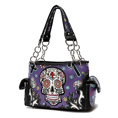 Sugar Skull Art Purse Handbag Shoulder Bag Wallet Set Purple