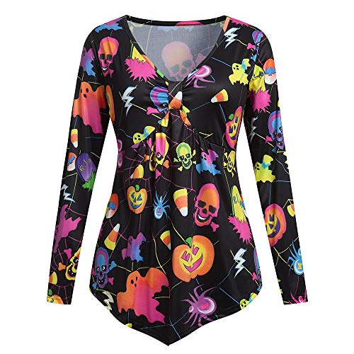 Plus Size Women's Halloween V-Neck T-Shirt with Skull Print Casual Women Shirt