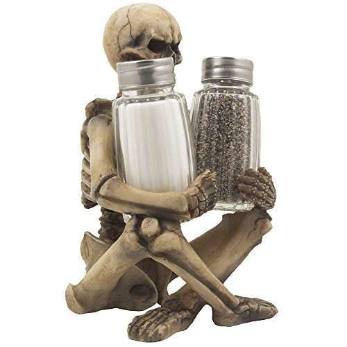 Scary Skeleton Glass Salt and Pepper Shaker Set with Decorative Spice Rack Display Stand Holder Figurine for Spooky Halloween Party Decorations and Skulls & Skeletons Kitchen Decor Table Centerpiece Sculptures As Medieval or Gothic Gifts