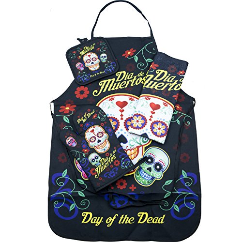 National Concepts Day of The Dead Sugar Skull Kitchen Apron Set - 4 Pieces (1) Unisex Fits Most Apron (1) Kitchen/Tea Towel (1) Pot Holder (1) Oven Mitt