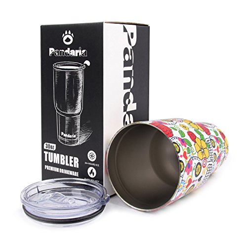 Pandaria 30 oz Stainless Steel Vacuum Insulated Tumbler with Lid - Double Wall Travel Mug Water Coffee Cup for Ice Drink & Hot Beverage, Sugar Skull