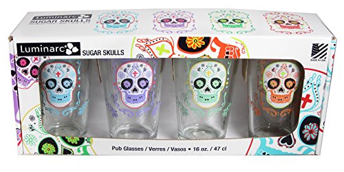 Sugar Skulls Assorted Decorated Pub Glasses (Set of 4), 16 oz, Clear
