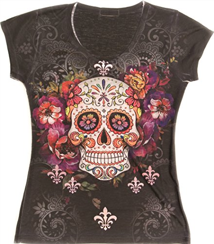 Women's Sugar Skull Jrs V Neck Tee Clothing - Inked Shop