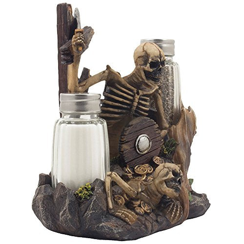 Skeleton Pirate Guarding Gold Treasure Salt and Pepper Shaker Set and Decorative Figurine Display Stand Holder for Halloween Decorations or Nautical Kitchen Table Decor As Gifts of Skulls & Skeletons