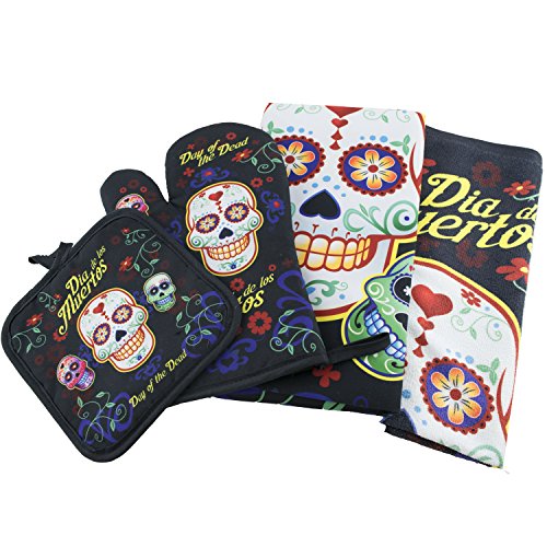 National Concepts Day of The Dead Sugar Skull Kitchen Apron Set - 4 Pieces (1) Unisex Fits Most Apron (1) Kitchen/Tea Towel (1) Pot Holder (1) Oven Mitt