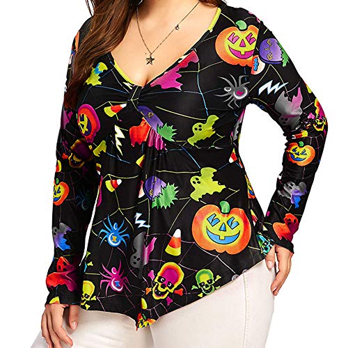 Plus Size Women's Halloween V-Neck T-Shirt with Skull Print Casual Women Shirt