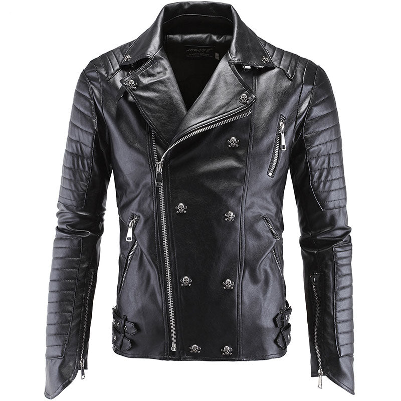Male Plus Size Leather Jacket Skull Rivet Studded Punk Rock Men