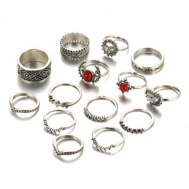 Retro Flower Infinite Knuckle Rings For Women Vintage Geometric Pattern Crystal Rings Set Party Bohemian Jewelry 13 PCS/Set