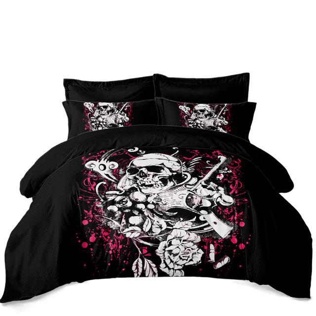 Luxury White Gun Skull Bedding Set Hot Pink Flower Duvet Cover Set Pillowcase Ladies Sweet Bedclothes House Decor Bed Cover D49