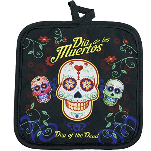 National Concepts Day of The Dead Sugar Skull Kitchen Apron Set - 4 Pieces (1) Unisex Fits Most Apron (1) Kitchen/Tea Towel (1) Pot Holder (1) Oven Mitt