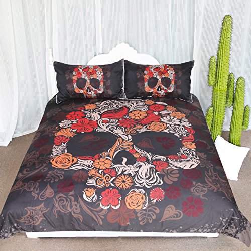 ARIGHTEX Artistic Floral Sugar Skull Bedding Vintage Skull Coffee Swirls Pattern 3 Piece Decorative Duvet Cover with 2 Pillow Shams (Queen)
