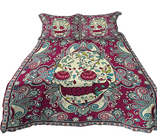 A Anoleu Purple Skull Combined with Paisley Design Printed Skull Bedding Set 3Pc, Reverse Comfortable Solid Purple Cotton Queen Size(Queen)