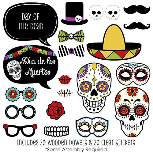 Day of The Dead - Halloween Sugar Skull Photo Booth Props Kit - 20 Count