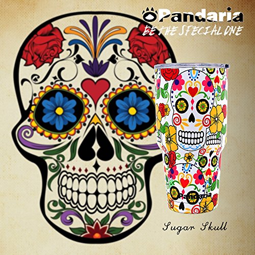 Pandaria 30 oz Stainless Steel Vacuum Insulated Tumbler with Lid - Double Wall Travel Mug Water Coffee Cup for Ice Drink & Hot Beverage, Sugar Skull