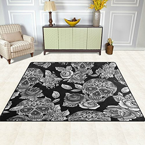 Monochrome Floral Sugar Skull Day of the Dead Area Rug Rugs for Living Room Bedroom