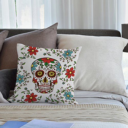 Day of The Dead Decorative Throw Pillow Cover Case,Colorful Skull with Floral Cotton Linen Outdoor Pillow cases Square Standard Cushion Covers For Sofa Couch Bed 18x18 inch Red Green