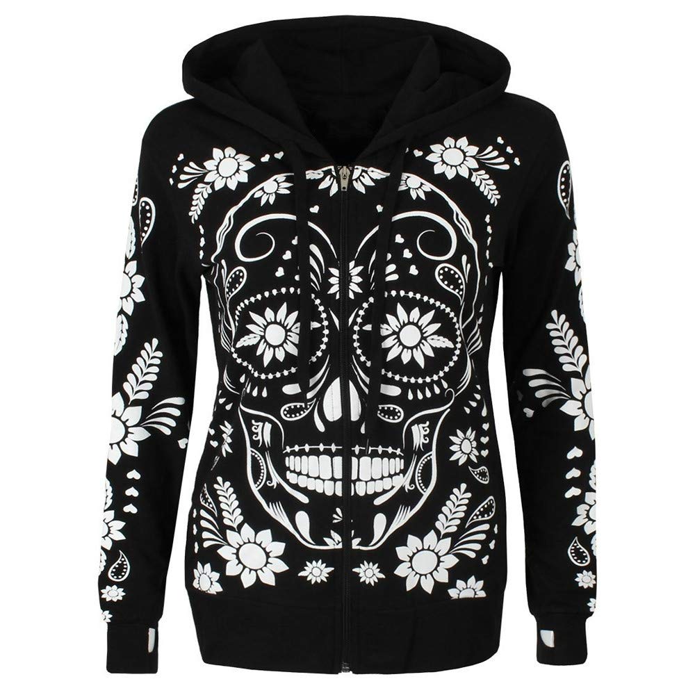 Women Hoodies Zip Up Tops Fashion Skull Flowers