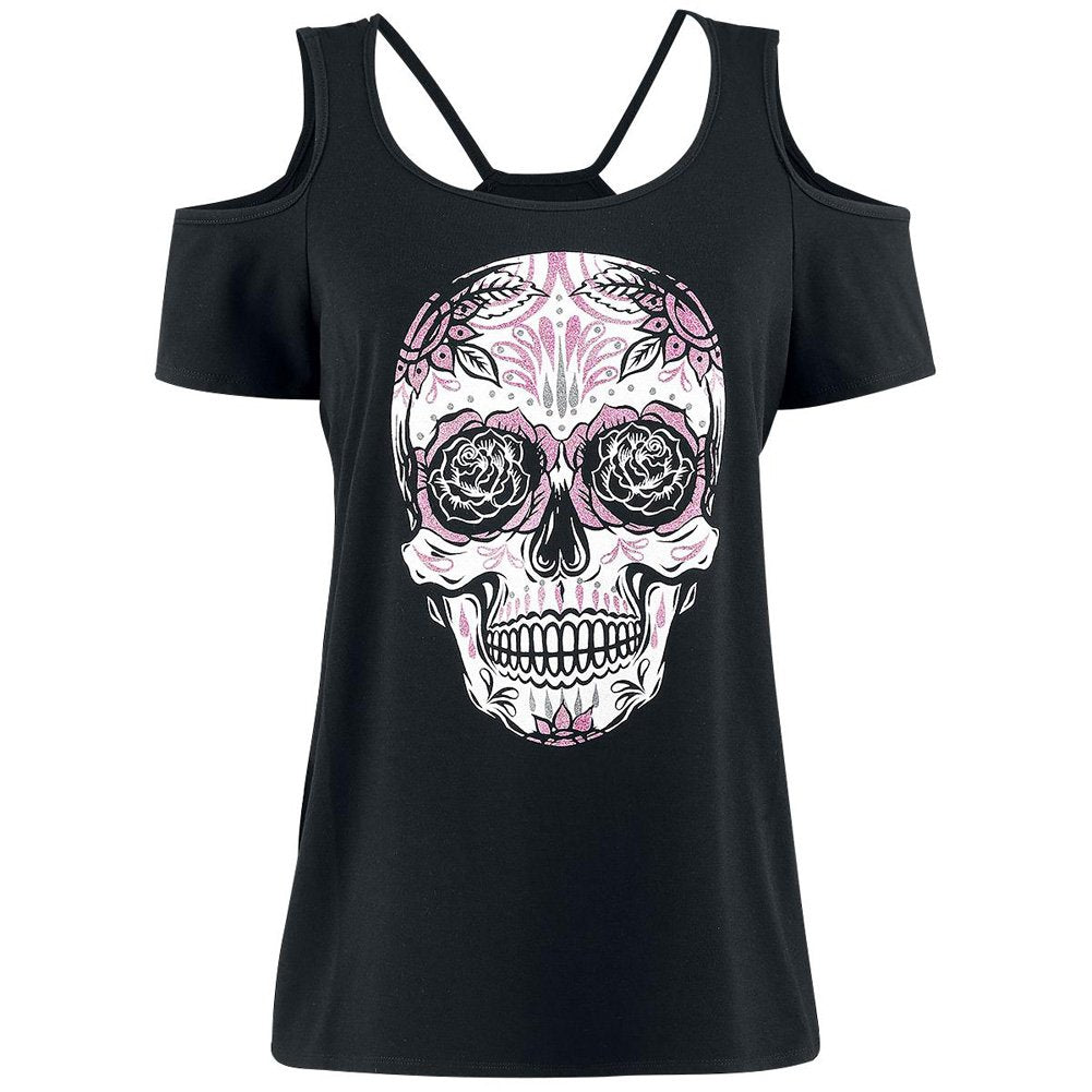 Women's Casual Shoulder Off Skull Summer T-Shirt