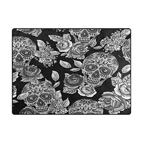 Monochrome Floral Sugar Skull Day of the Dead Area Rug Rugs for Living Room Bedroom