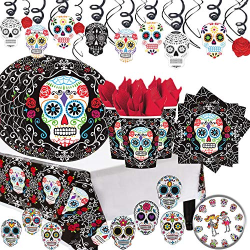 Dia De Los Muertos Day Of The Dead MEGA Halloween Party Pack for 18 with Decorations Includes Plates, Napkins, Cups, a Tablecover, Coasters, 30 Piece Swirl Decorations and an EXCLUSIVE Pin!
