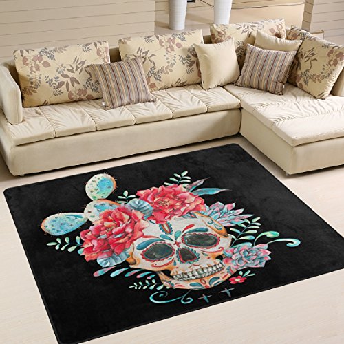 Cactus Rose Flower Sugar Skull Dia De Los Muertos Area Rug Rugs for Living Room Bedroom 5'3 x 4'