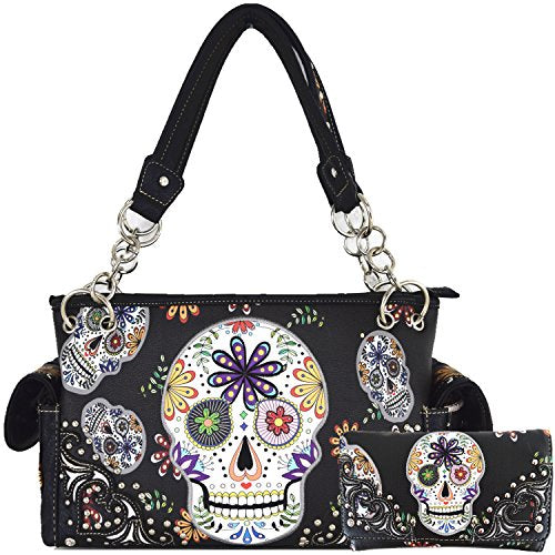 Sugar Skull Handbag Women's Shoulder Bag Wallet Set Black