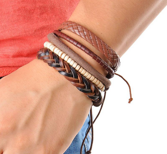 1Set (3-4PCs) Leather Bracelet Men Multilayer Bead Bracelet Punk Wrap Bracelets for Women Vintage punk Men Jewelry